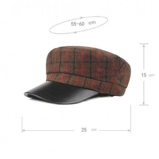 Outdoor Winter Cotton PU Leather Beret Caps Plaid Thicken Warm Peaked Cap for Women