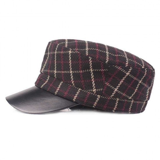 Outdoor Winter Cotton PU Leather Beret Caps Plaid Thicken Warm Peaked Cap for Women