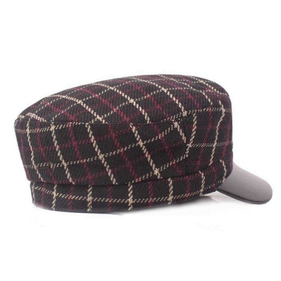 Outdoor Winter Cotton PU Leather Beret Caps Plaid Thicken Warm Peaked Cap for Women