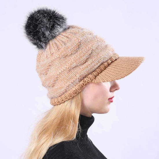 Outdoor Women Knitted Plush Knit Beret Hat with Wool Ball Earmuffs Ski Skull Caps