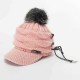 Outdoor Women Knitted Plush Knit Beret Hat with Wool Ball Earmuffs Ski Skull Caps