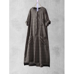 Plus Size Plaid Short Sleeve Button Casual Long Shirts with Pockets