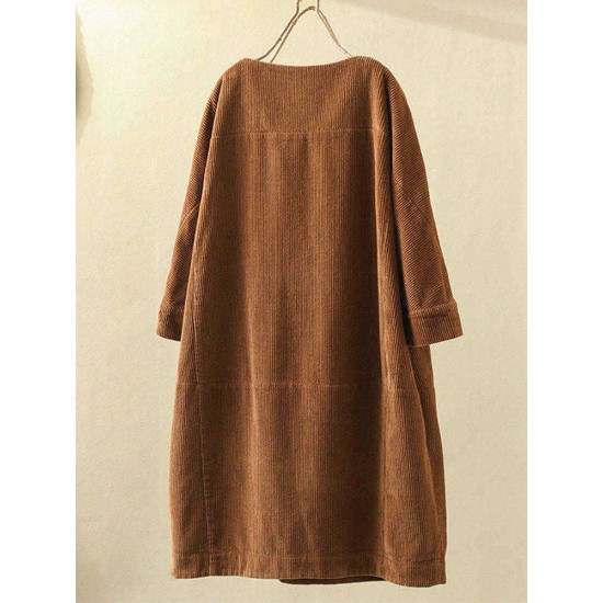 Plus Size Solid Color Corduroy Crew Neck Vintage Dress