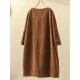 Plus Size Solid Color Corduroy Crew Neck Vintage Dress