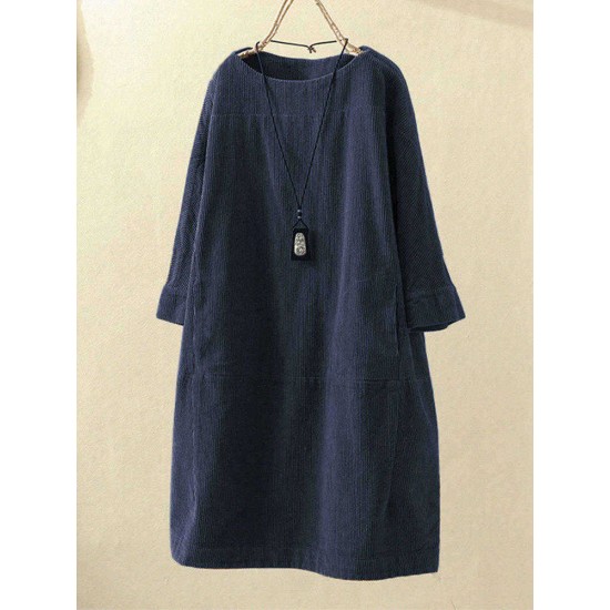 Plus Size Solid Color Corduroy Crew Neck Vintage Dress