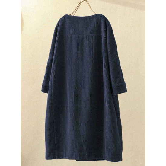 Plus Size Solid Color Corduroy Crew Neck Vintage Dress