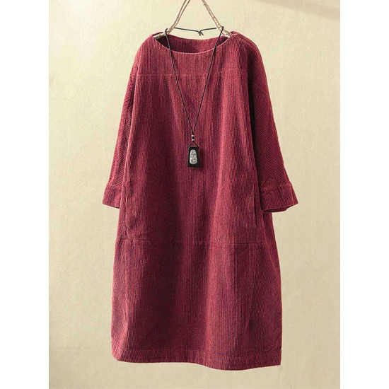 Plus Size Solid Color Corduroy Crew Neck Vintage Dress