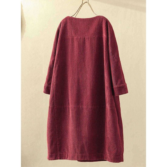 Plus Size Solid Color Corduroy Crew Neck Vintage Dress