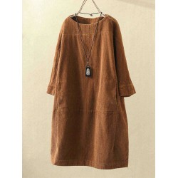 Plus Size Solid Color Corduroy Crew Neck Vintage Dress