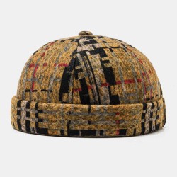 Plush Soft Fabric Plaid Stitching Hat Skull Caps Brimless Hats