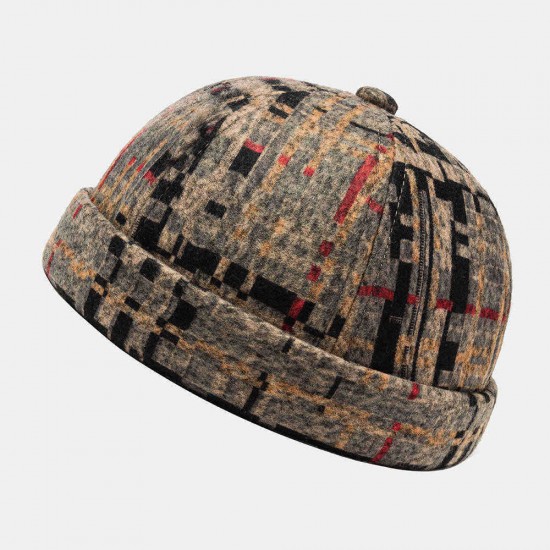 Plush Soft Fabric Plaid Stitching Hat Skull Caps Brimless Hats