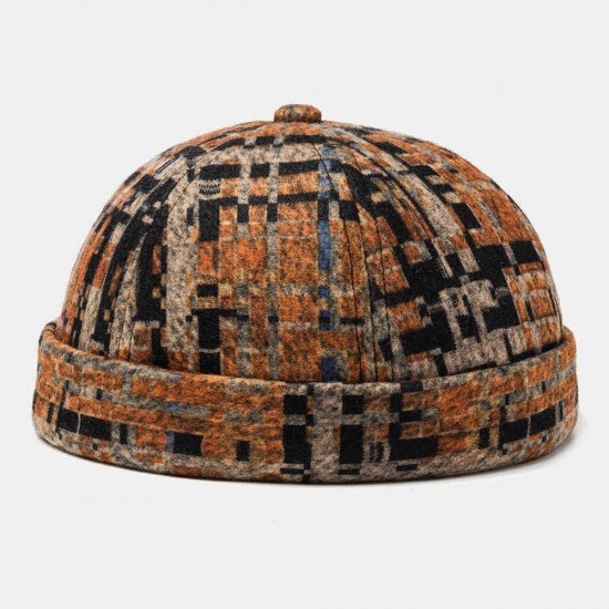 Plush Soft Fabric Plaid Stitching Hat Skull Caps Brimless Hats