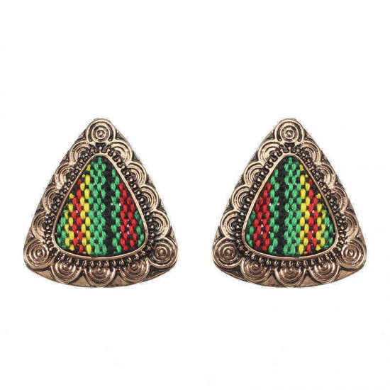 Retro Ethnic Colorful Cloth Triangle Alloy Ear Stud Women Earrings