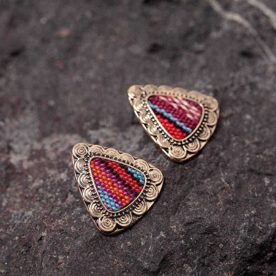 Retro Ethnic Colorful Cloth Triangle Alloy Ear Stud Women Earrings