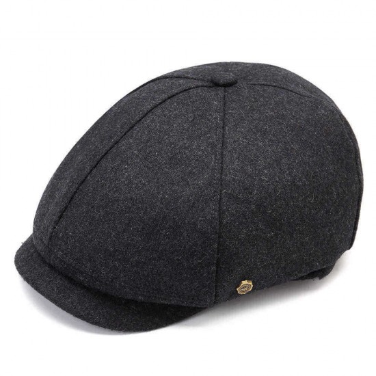 Retro Winter Thicken Woolen Blending Beret Hat Outdoor Plain Octagon Newsboy Caps for Men Women