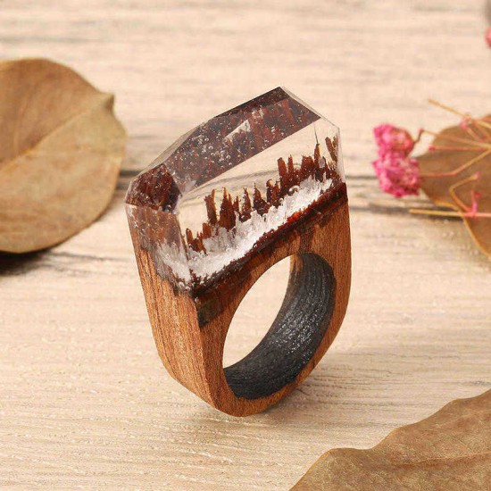 Secret Forest Creative Handmade Snowscape Charm Wood Ring Unique Gift for Men and Women