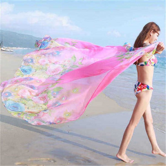 Summer Sunscreen Beach Towel Chiffon Soft Oversized Printing Scarves Shawls For Women