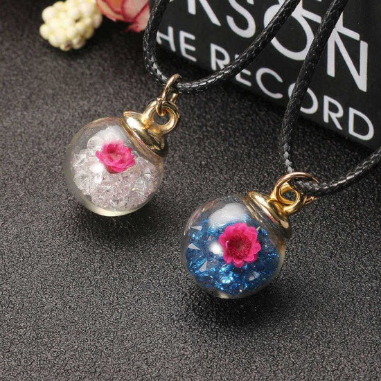 Sweet Crystal Glass Ball Natural Flower Wax Rope Women Necklaces