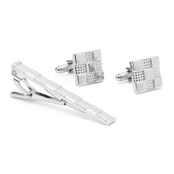 Unisex Business Silver Grid Cufflinks Plus Tie Clip Set High-grade Cufflinks