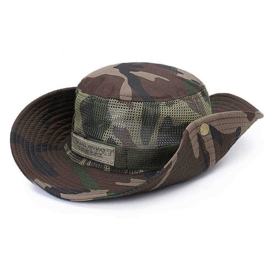 Unisex Camouflage Foldable Bucket Hat Outdoor Mountaineering Hat Big Visor Hat Mesh Breathing Basin Cap