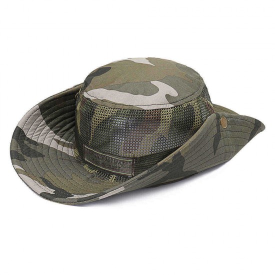 Unisex Camouflage Foldable Bucket Hat Outdoor Mountaineering Hat Big Visor Hat Mesh Breathing Basin Cap