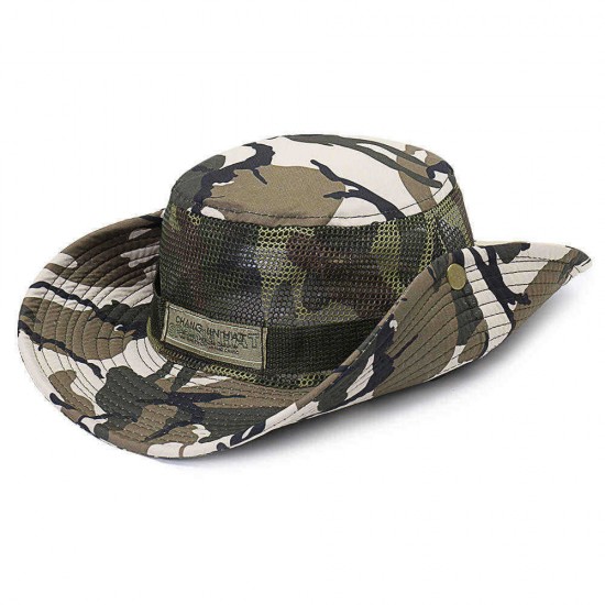 Unisex Camouflage Foldable Bucket Hat Outdoor Mountaineering Hat Big Visor Hat Mesh Breathing Basin Cap