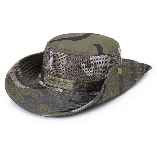 Unisex Camouflage Foldable Bucket Hat Outdoor Mountaineering Hat Big Visor Hat Mesh Breathing Basin Cap