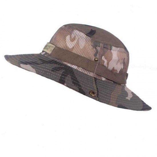 Unisex Camouflage Foldable Bucket Hat Outdoor Mountaineering Hat Big Visor Hat Mesh Breathing Basin Cap