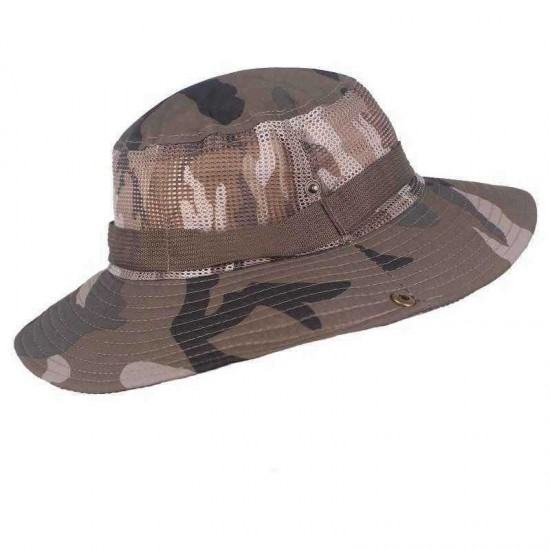 Unisex Camouflage Foldable Bucket Hat Outdoor Mountaineering Hat Big Visor Hat Mesh Breathing Basin Cap