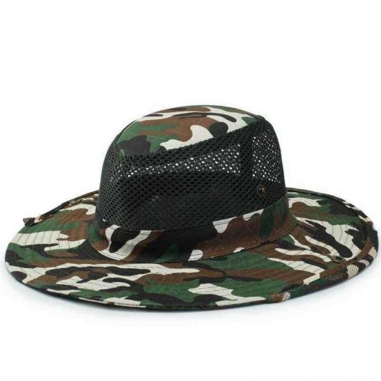 Unisex Camouflage UV protection With String Bucket Hat Outdoor Mountaineering Hat Big Visor Mesh Breathing Cap