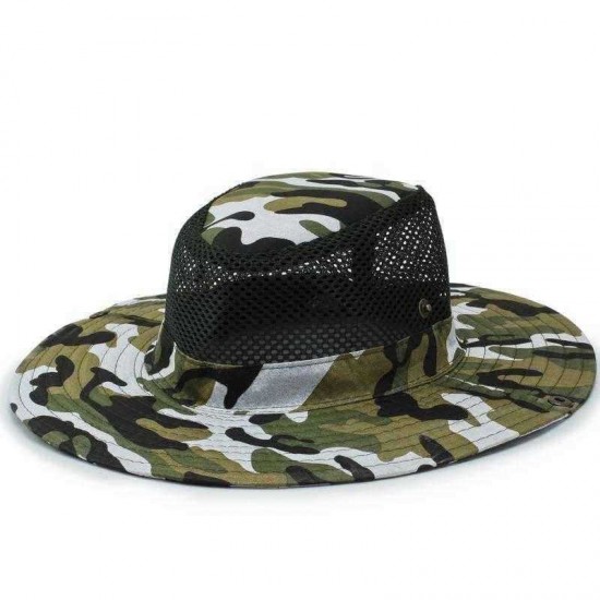 Unisex Camouflage UV protection With String Bucket Hat Outdoor Mountaineering Hat Big Visor Mesh Breathing Cap