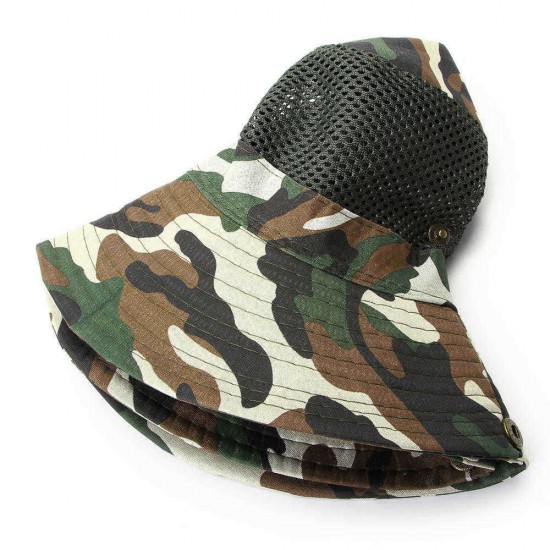 Unisex Camouflage UV protection With String Bucket Hat Outdoor Mountaineering Hat Big Visor Mesh Breathing Cap