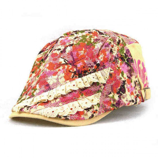 Unisex Cotton Flower Printed Washed Beret Hat Buckle Adjustable Paper Boy Cabbie Golf Breathable Cap