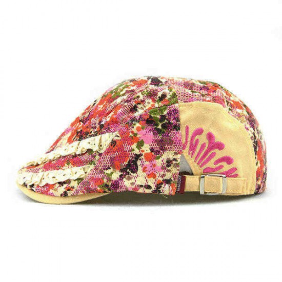 Unisex Cotton Flower Printed Washed Beret Hat Buckle Adjustable Paper Boy Cabbie Golf Breathable Cap