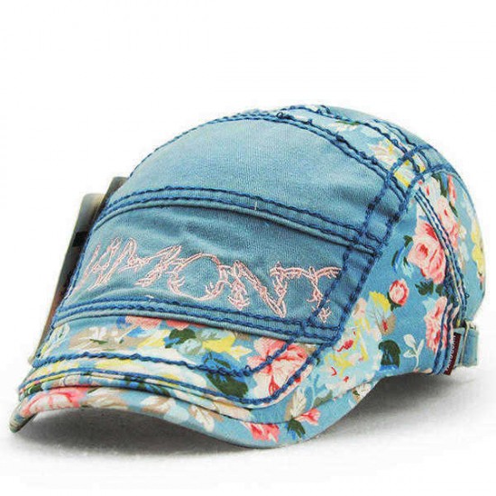 Unisex Cotton Flower Printed Washed Beret Hat Buckle Adjustable Paper Boy Cabbie Golf Gentleman Cap