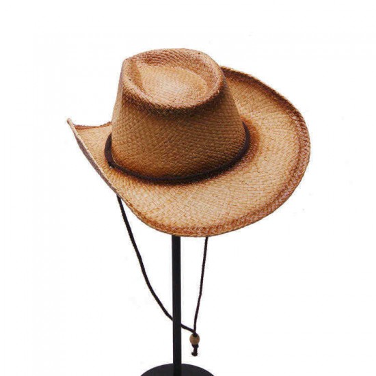 Unisex Cowboy Breathable Mesh With String Straw Hat Elegant Lady Wide Brim Panama Hat Sunbonnet Beach Cap