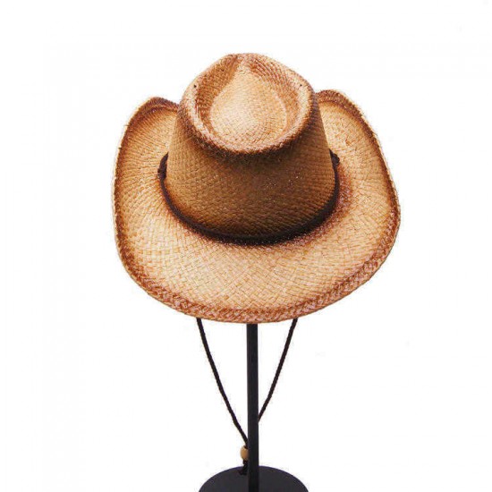 Unisex Cowboy Breathable Mesh With String Straw Hat Elegant Lady Wide Brim Panama Hat Sunbonnet Beach Cap