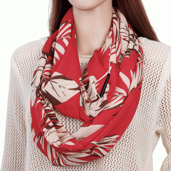 Unisex Hidden Zipper Pocket Flower Print Round Scarf Neck Warmer