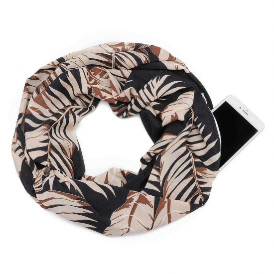 Unisex Hidden Zipper Pocket Flower Print Round Scarf Neck Warmer