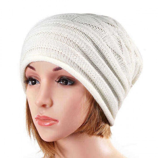 Unisex Knitted Crochet Stripe Beanie Hat Knitting Foldable Elastic Baggy Cap For Men Women