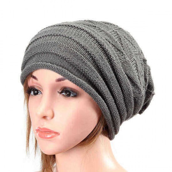 Unisex Knitted Crochet Stripe Beanie Hat Knitting Foldable Elastic Baggy Cap For Men Women