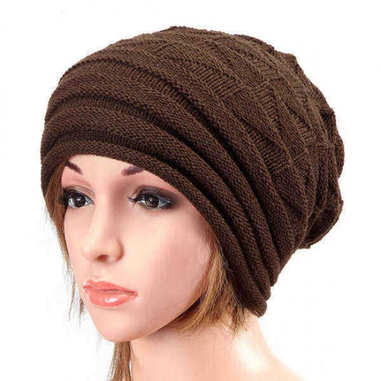 Unisex Knitted Crochet Stripe Beanie Hat Knitting Foldable Elastic Baggy Cap For Men Women