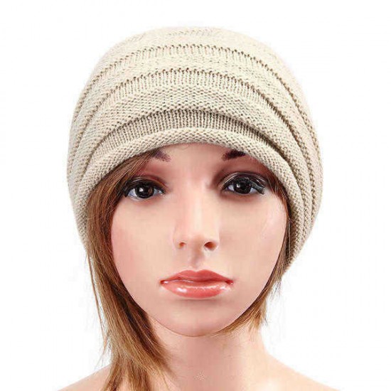 Unisex Knitted Crochet Stripe Beanie Hat Knitting Foldable Elastic Baggy Cap For Men Women