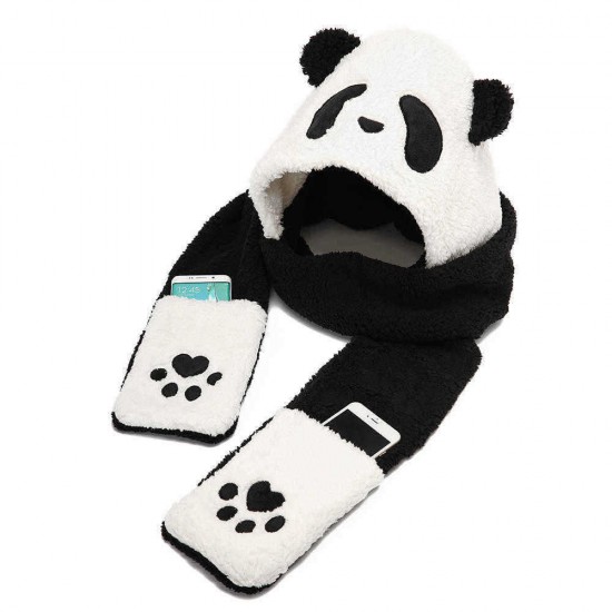 Unisex Lamb Plush 1-piece Cute Panda Gloves Pockets Scarf Hat Warm Thick Multipurpose Fashion Hat