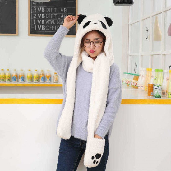 Unisex Lamb Plush 1-piece Cute Panda Gloves Pockets Scarf Hat Warm Thick Multipurpose Fashion Hat