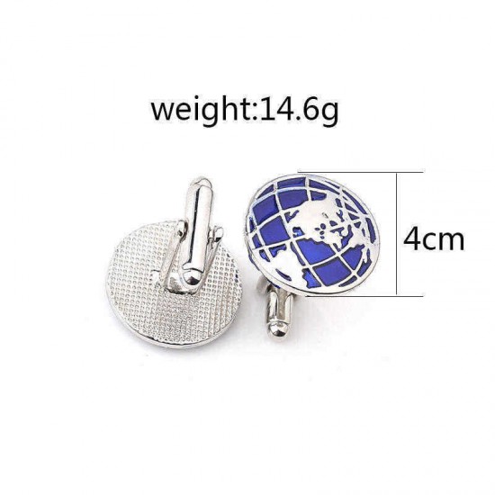 Unisex Smart Blue Round Globe Map Cufflinks