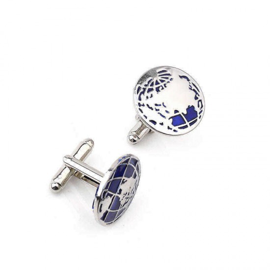 Unisex Smart Blue Round Globe Map Cufflinks