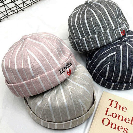 Unisex Street Retro Dome Rolled Cuff Plaid Stripes Letter Embroidery Skull Cap Sailor Beanie Hat