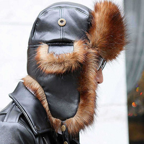 Unisex Winter Warm High-End Leather Trapper Hat Animal Hair Earmuffs Savage Cap