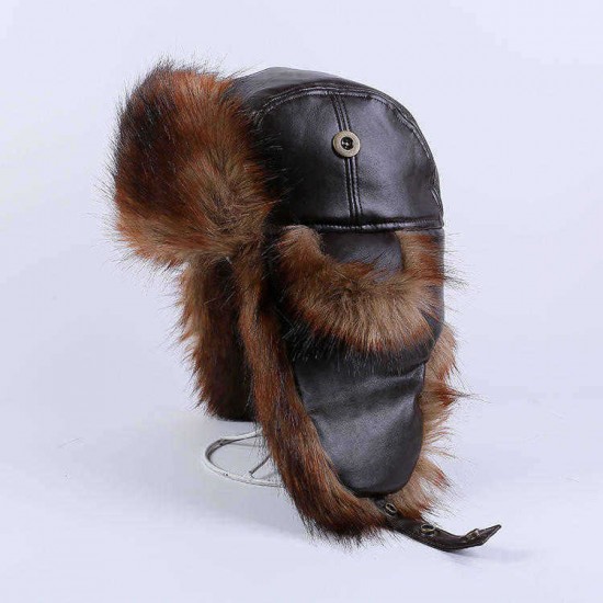 Unisex Winter Warm High-End Leather Trapper Hat Animal Hair Earmuffs Savage Cap